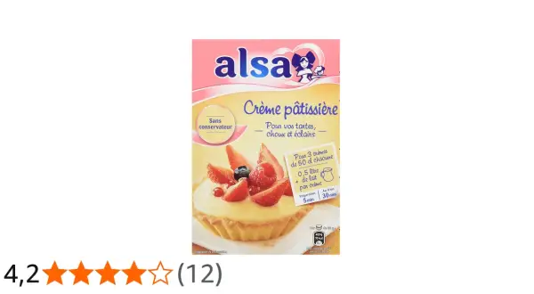 Boîte de crème pâtissière Alsa pour garnir tartes, choux et éclairs. Image d'une tartelette garnie de crème et fruits rouges.