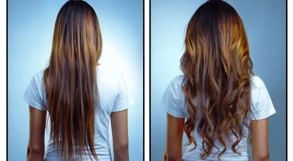 Comparativa de un método curly: cabello liso y sin vida antes, y melena voluminosa y con ondas definidas después.