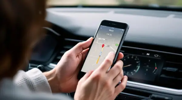 Une personne utilise son smartphone pour naviguer avec Waze. L'application affiche une carte avec un itinéraire. C'est une aide pour savoir comment installer Waze sur mon portable.