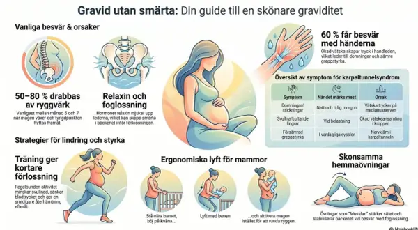 Gravid utan symtom kan vara en utmaning. Bilden visar vanliga besvär som ryggvärk och karpaltunnelsyndrom, samt strategier för lindring.