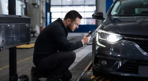 Un technicien vérifie les phares d'une voiture avec un appareil de mesure, assurant la conformité de la barre led pour le contrôle technique.