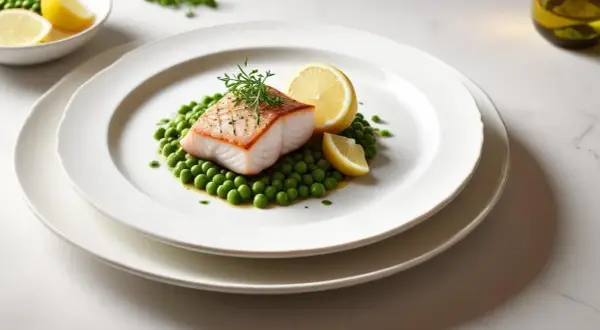 En vacker tallrik med en perfekt tillagad torskrygg, serverad på en bädd av gröna ärtor med citronklyftor. Ett enkelt men elegant torskrygg recept.