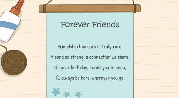 Wierszyk o przyjaźni "Forever Friends" z uroczymi kwiatuszkami. Idealny na prezent, bo przyjaźń to mega śmieszne wierszyki!