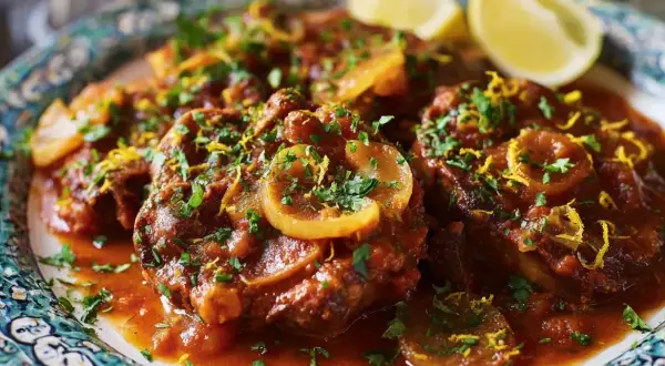 En tallrik med mustig osso buco, garnerad med citron och persilja.