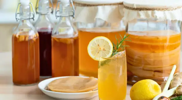 Verre de kombucha rafraîchissant, entouré de bouteilles et de bocaux, rappelant l'origine pays de cette boisson fermentée.