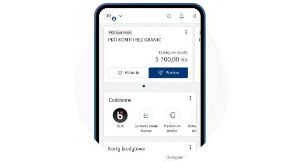 Aplikacja mobilna PKO BP. Widok konta z saldem 5700 PLN. Możliwe opcje: historia, przelew, BLIK. Dowiedz się, jak aktywować kartę w PKO.