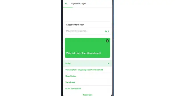 Screenshot einer Taxfix-App, die nach dem Familienstand fragt. Die Option "Ledig" ist ausgewählt.