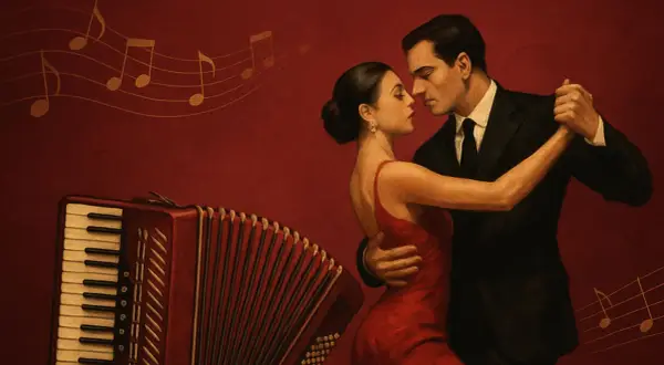 Para tanga, para tango, bandoneon gra. Para tańczy, namiętność w powietrzu.