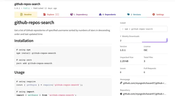 Page npmjs.com pour le package `github-repos-search`. Installation via `npm install github-repos-search`.