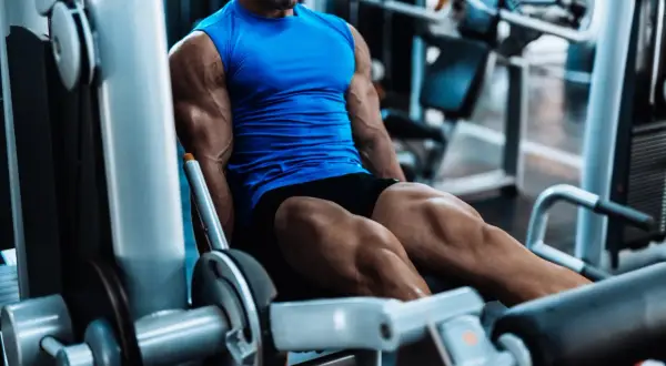 Muskulöser Mann trainiert Beine an einem Gerät. Perfekt für intensives HIIT Training zuhause oder im Gym.