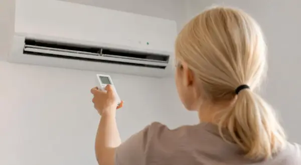 Donna bionda con telecomando davanti a un condizionatore. Guida su come scegliere condizionatore.