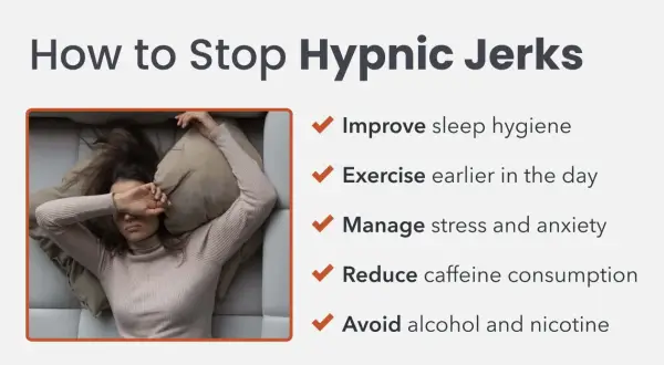 A woman rests uncomfortably, covering her eyes. The image lists ways to stop hypnic jerks, assuring you can't die from them.