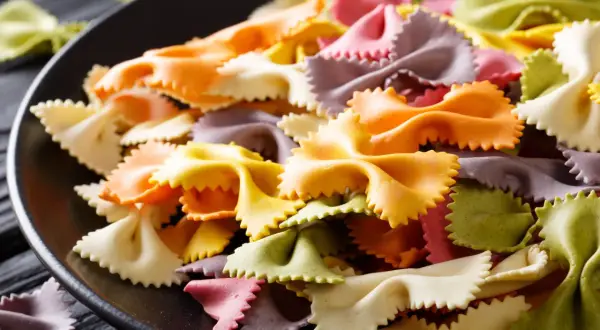 Bunte Farfalle-Nudeln auf schwarzer Platte. Ideen für blaues Essen Rezepte, die Spaß machen und schmecken.