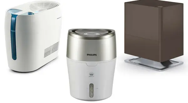 Trzy nawilżacze powietrza: biały, Philips i brązowy. Nawilżacz ewaporacyjny co to znaczy? To urządzenie, które naturalnie nawilża powietrze.