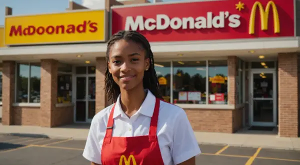 Jeune femme souriante devant un McDonald's, prête pour sa démission McDonald's sans préavis.