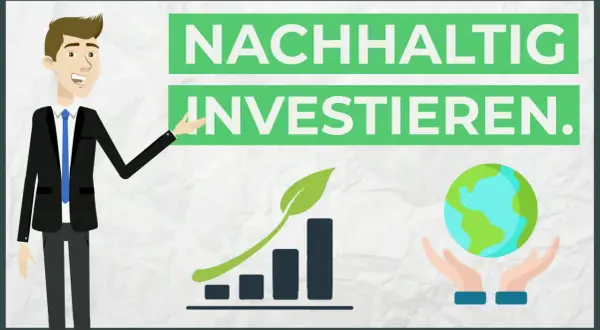 Ein Mann im Anzug zeigt auf grüne Schilder mit der Aufschrift "NACHHALTIG INVESTIEREN". Daneben sind ein Wachstumsdiagramm mit Blatt und die Erde in Händen zu sehen.