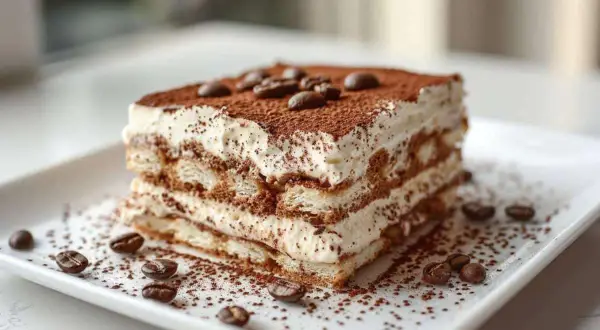 Un délicieux tiramisu cake, empilé de biscuits à la cuillère et de crème onctueuse, saupoudré de cacao et de grains de café.