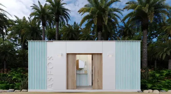 Diseño moderno para saber como hacer un baño exterior, con palmeras y arena.