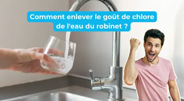 Un homme célèbre la joie de boire de l'eau non chlorée. Un verre d'eau est rempli sous un robinet.