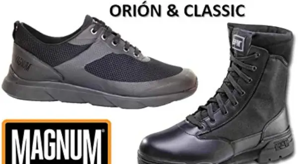 Botas Magnum Classic y zapatillas deportivas negras, ideales para cualquier aventura.