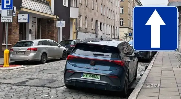 Znak "jednokierunkowa" i zaparkowane auta. Czy można cofać na drodze jednokierunkowej? Znak informuje, że ruch dozwolony jest tylko do przodu.