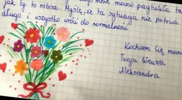 Wzruszający list od wnuczki Aleksandry dla babci, z rysunkiem bukietu kwiatów i serduszek. Mowa pogrzebowa dla babci od wnuczki.