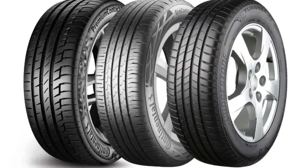 Trzy opony samochodowe, w tym opony samouszczelniające Continental i Bridgestone, prezentowane na białym tle.