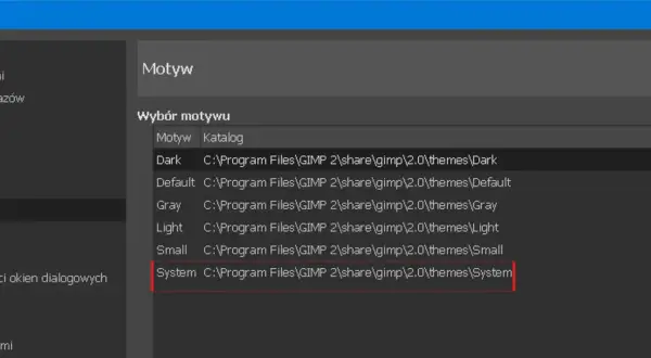 GIMP podstawy: wybór motywu interfejsu. Widoczna lista dostępnych motywów, w tym "System", zlokalizowanych w katalogu GIMP.