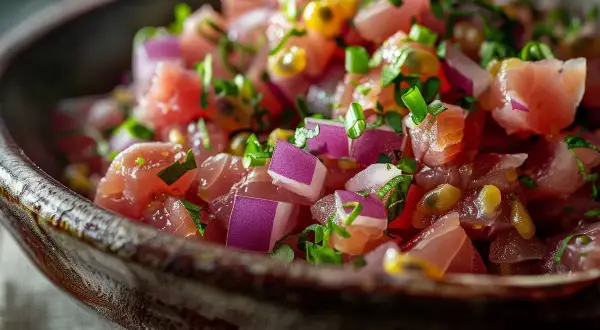 Un délicieux tartare de thon frais, garni d'oignons rouges, de ciboule et de graines de fruit de la passion, servi dans un bol en céramique.
