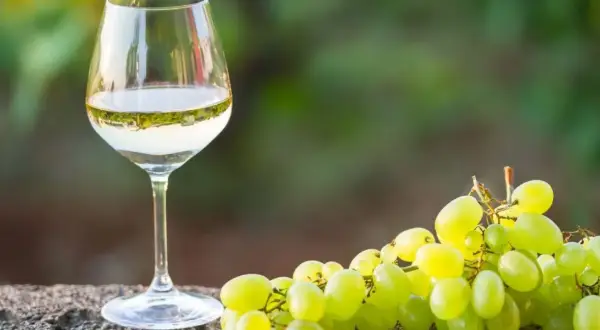 Szklanka białego wina, prawdopodobnie alvarinho, obok kiści zielonych winogron na kamiennym blacie.