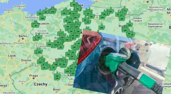 Mapa Polski z zaznaczonymi stacjami paliw CNG. Tankowanie samochodu na tle mapy.