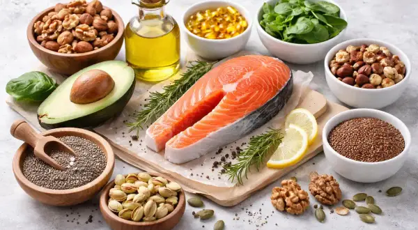 Łosoś, awokado, orzechy, nasiona i olej – naturalne źródła omega 3 na włosy.