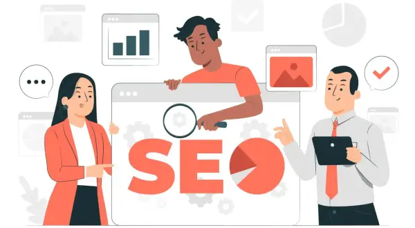 Equipo colaborando para optimizar SEO. Analizan datos, usan lupa y tablet para mejorar visibilidad.