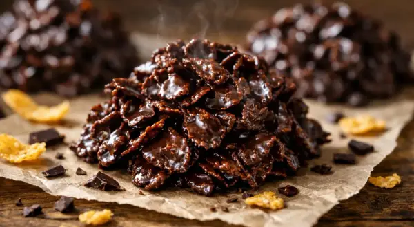 Délicieuses roses des sables recette : des flocons de maïs enrobés de chocolat noir, fumants et appétissants, sur du papier sulfurisé.