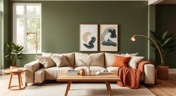 Gemütliches Wohnzimmer mit beiger Couch, Holztisch und Kunstwerken. Orange Kissen und Decke zeigen, welche Farbe passt zu oliv.