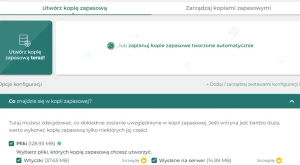 Panel WordPress do tworzenia kopii zapasowych. Możesz utworzyć kopię teraz lub zaplanować ją automatycznie.