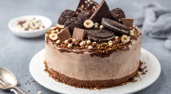 En chokladglassbakelse dekorerad med chokladbitar, oreos, hasselnötter och strössel. Enkel chokladsås rinner ner längs sidorna.