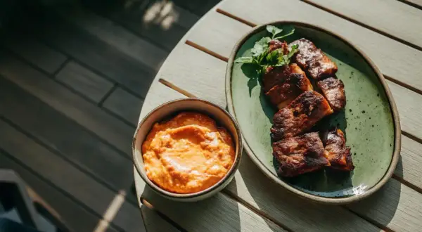 En skål med krämig röra, troligen med creme fraiche, fetaost och soltorkade tomater, bredvid en tallrik med grillad fisk.