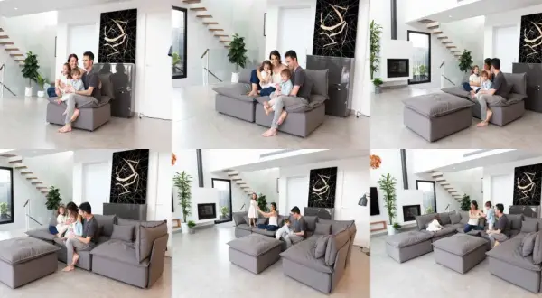 Familia disfrutando de un momento de paz en su moderno centro de relax, con un sofá modular gris y una escalera de diseño.