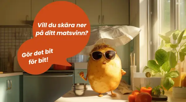 En glad potatis med solglasögon och paraply frågar: "Vill du skära ner på ditt matsvinn? Gör det bit för bit!