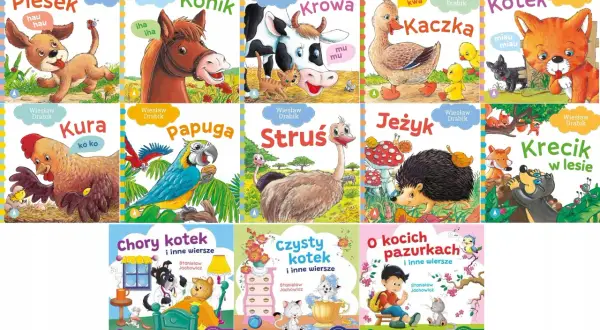 Okładki książek z wierszami o zwierzętach. Na jednej z nich chory kotek leży w łóżku, a piesek-lekarz go bada.