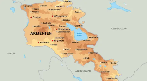 Mapa Armenii z zaznaczonymi miastami. Z kim graniczy Armenia? Z Gruzją, Azerbejdżanem, Iranem i Turcją.