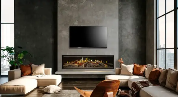 Sala moderna con chimenea de leña, sofá y sillón.