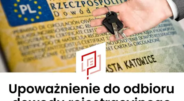 Ręka trzyma kluczyki do samochodu na tle dowodu rejestracyjnego. Dowiedz się, jak napisać upoważnienie do odbioru dowodu rejestracyjnego.
