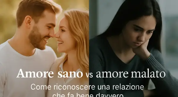 Coppia felice contrapposta a donna triste, per mostrare come riconoscere un amore sano e non stare male soffrire per amore.