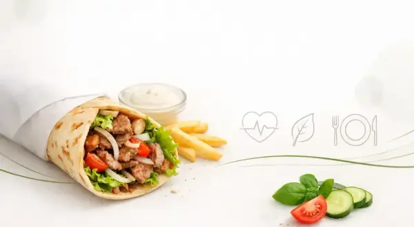 Kebab z mięsem, warzywami i frytkami, obok sos i świeże warzywa.