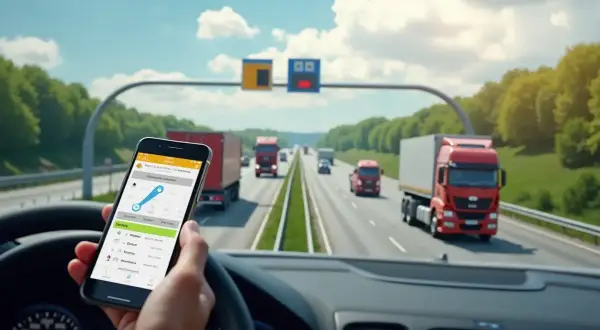 Kierowca ciężarówki sprawdza na telefonie autostrada a4 cennik Gliwice-Wrocław. W tle inne ciężarówki na drodze.