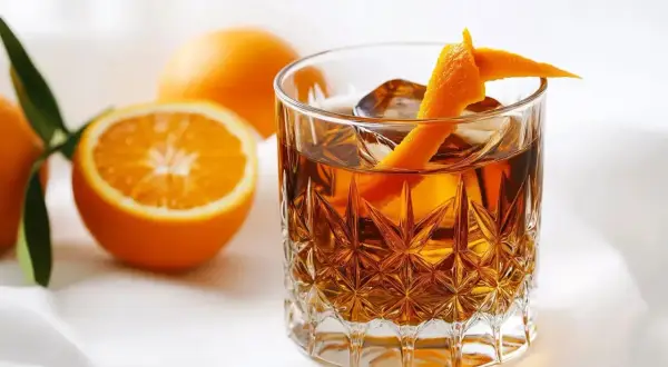 En drink med is och apelsinskal, bredvid apelsiner. Perfekt för ett sockerlag recept.