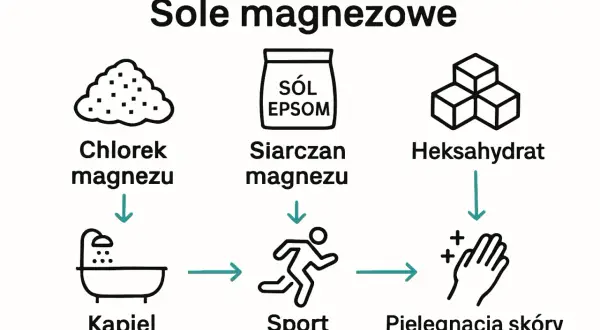 Sole magnezowe: chlorek magnezu do kąpieli, siarczan magnezu (sól Epsom) do sportu, heksahydrat do pielęgnacji skóry.