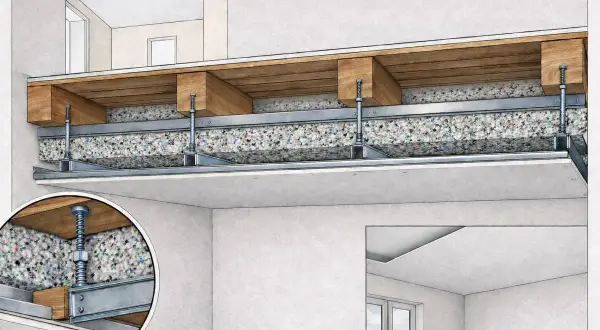 Dettaglio costruttivo per insonorizzare soffitto: isolante tra travetti in legno e controsoffitto metallico sospeso.